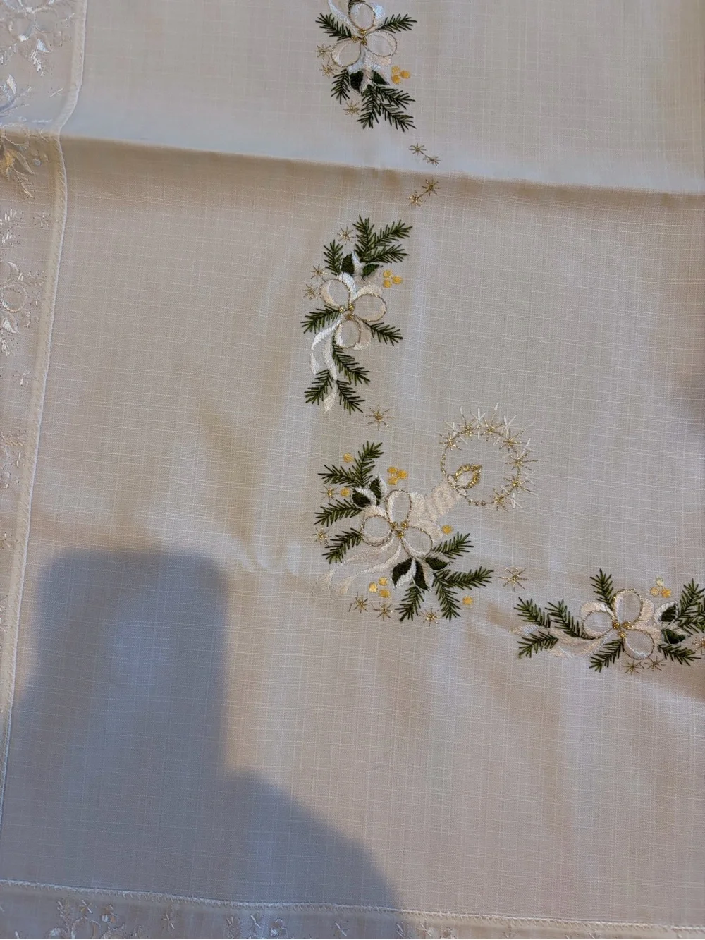 Embroidered White Square Tablecloth with Green Floral Design